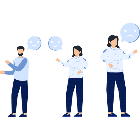 Three People with Speech Bubbles Expressing Different Emotions  Illustration
