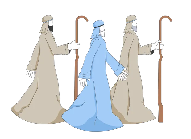 Three shepherds on biblical journey in nativity story  Illustration