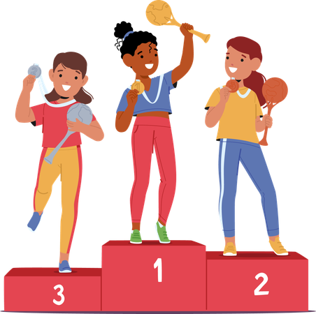 Three Sports Girl Characters Sharing Moment Of Happiness On Podium  Illustration