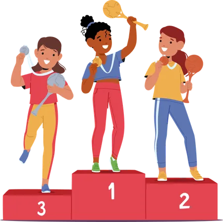 Three Sports Girl Characters Sharing Moment Of Happiness On Podium  Illustration