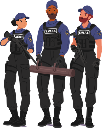 Three Swat Team Members In Full Gear and Holding Specialized Equipment  Illustration