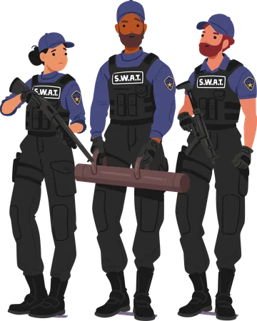 Three Swat Team Members In Full Gear and Holding Specialized Equipment  Illustration