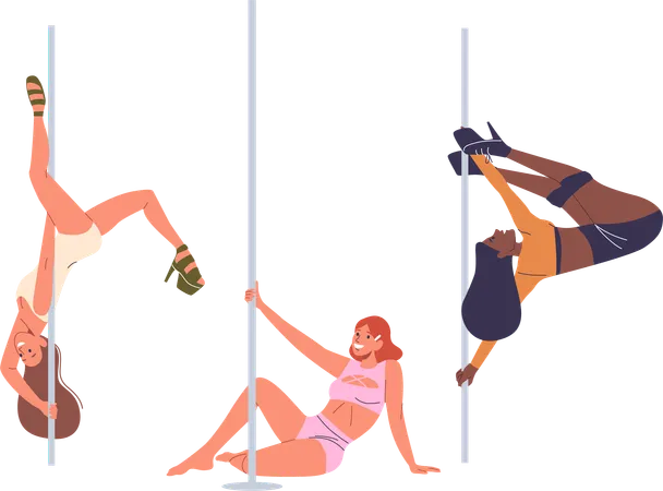 Three Women Engaged In Pole Dancing Fitness Training  Illustration