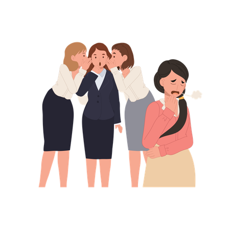 Three women gossip in the office while another woman nearby sighs in frustration  Illustration