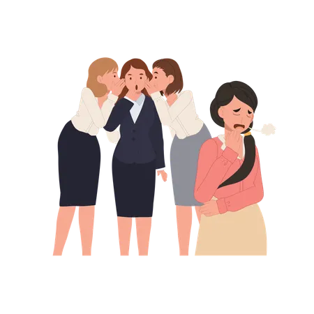 Three women gossip in the office while another woman nearby sighs in frustration  Illustration