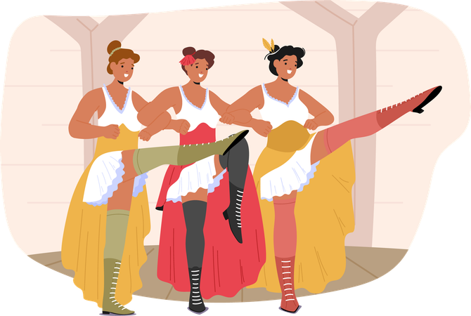 Three Women Performing Energetic Can-Can Dance In Vibrant Wild West Saloon  Illustration