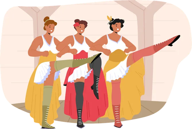 Three Women Performing Energetic Can-Can Dance In Vibrant Wild West Saloon  Illustration