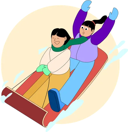Children Share A Thrilling Ride Down A Snowy Hill On A Toboggan Their Faces Alight With Excitement And Joy Highlighting The Exhilaration Of Winter Sledging Illustration