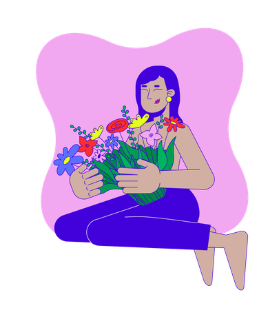 Thriving survivor indian south asian woman embracing bouquet  Illustration