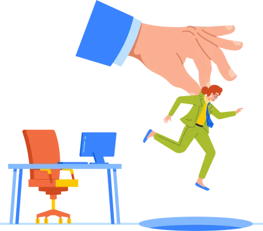 Conceptual Scene Of Corporate Downsizing Portrayed Bosss Huge Hand Throwing Employee Character Out Of Office Desk Symbolizing Job Loss And Workforce Reduction Cartoon People Vector Illustration Illustration