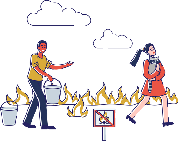 Throwing water on forest wildfire saving girl Illustration
