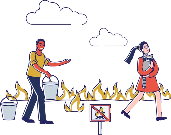 Throwing water on forest wildfire saving girl  Illustration