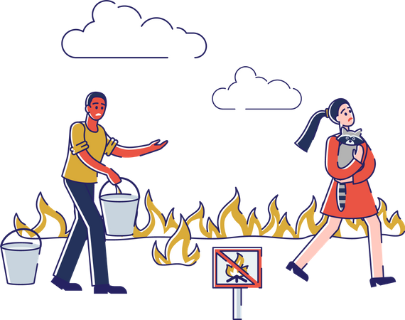 Throwing water on forest wildfire saving girl  Illustration