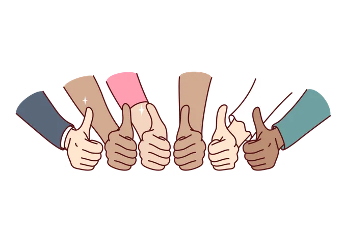 Thumbs Up Gesture Shown By Hands Of Multinational Business People Symbolizes Agreement To Partnership And Confirmation Of Plans For Collaboration Men And Women Show Thumbs Up To Show Unity Illustration