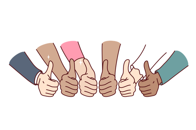 Thumbs up gesture shown by hands multinational business people symbolizes agreement to partnership  일러스트레이션