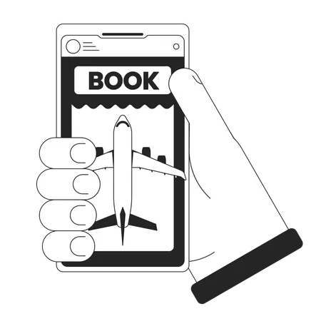 Ticket Booking Bw Concept Vector Spot Illustration Holding Smartphone For Buying Tickets On Plane 2 D Cartoon Flat Line Monochromatic Hand For Web UI Design Editable Isolated Outline Hero Image Illustration