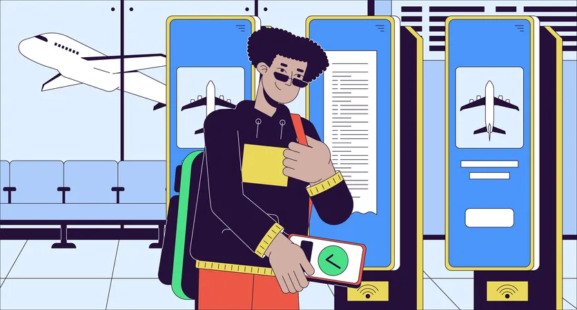Ticket Buying At Self Service Check In Cartoon Flat Illustration Airport Passenger Paying Nfc Phone Boarding 2 D Line Character Colorful Background Airline Ticketing Scene Vector Storytelling Image Illustration