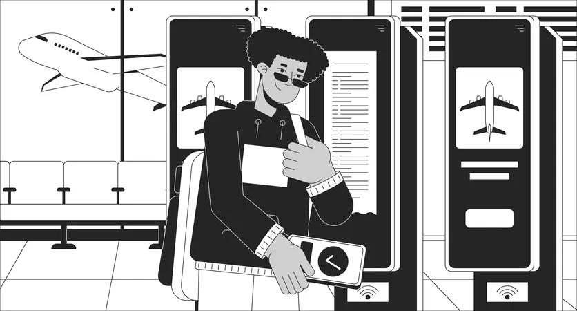 Ticket Buying At Self Service Check In Black And White Line Illustration Airport Passenger Paying Nfc Phone Boarding 2 D Character Monochrome Background Airline Ticketing Outline Scene Vector Image イラスト