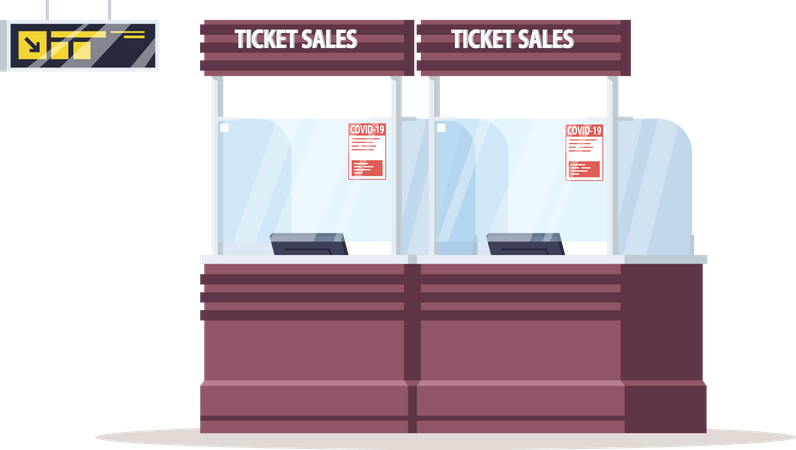 Ticketverkaufsschalter mit Corona-Warnung  Illustration