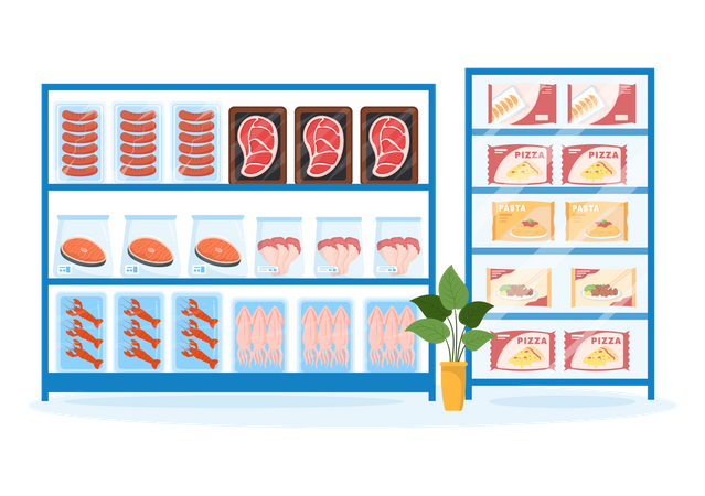 Tiefkühllager mit in Folie vakuumierten Produkten  Illustration