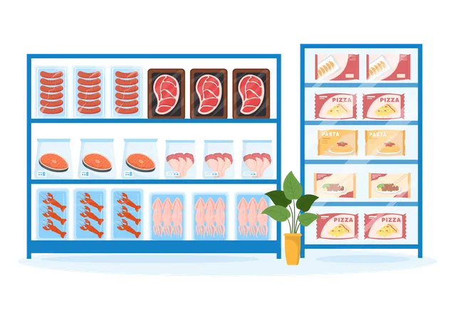 Tiefkühllager mit in Folie vakuumierten Produkten  Illustration