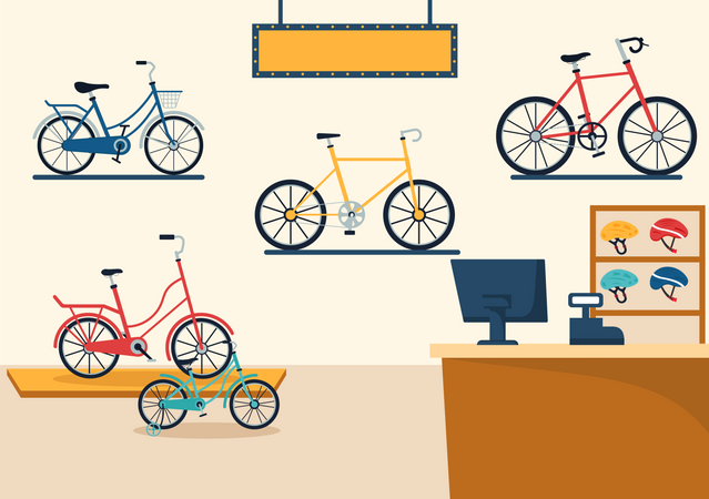 Interior de tienda de bicicletas  Ilustración