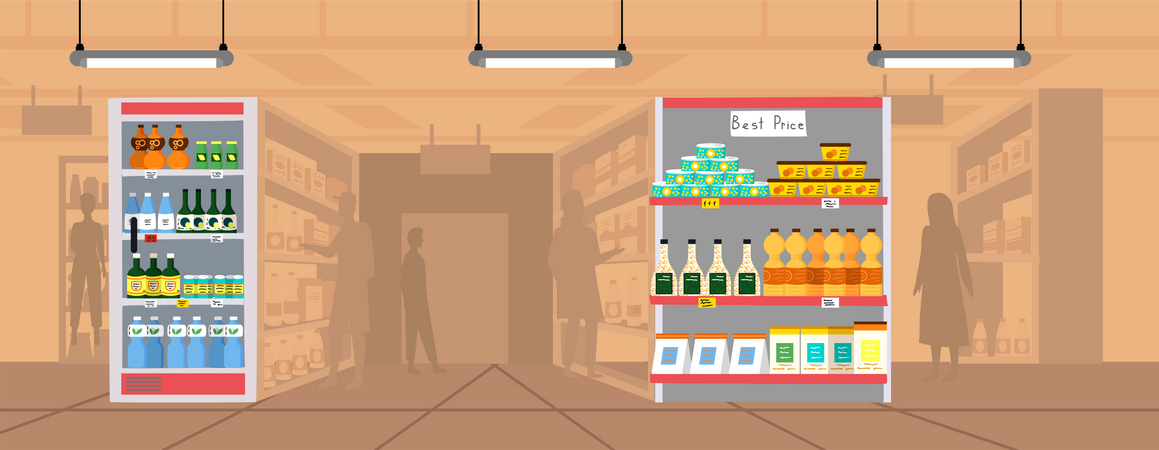 Tienda de comestibles con comida en los estantes  Ilustración