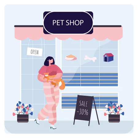 Niña compró un gato en una tienda de mascotas  Ilustración
