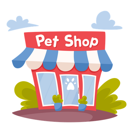 Tienda de mascotas o edificio de tiendas en la parte delantera. Artículos para animales en la casa.  Ilustración