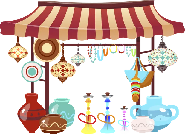 Carpa del mercado oriental con souvenirs artesanales  Ilustración