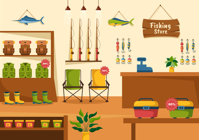 Interior de la tienda de pesca  Ilustración