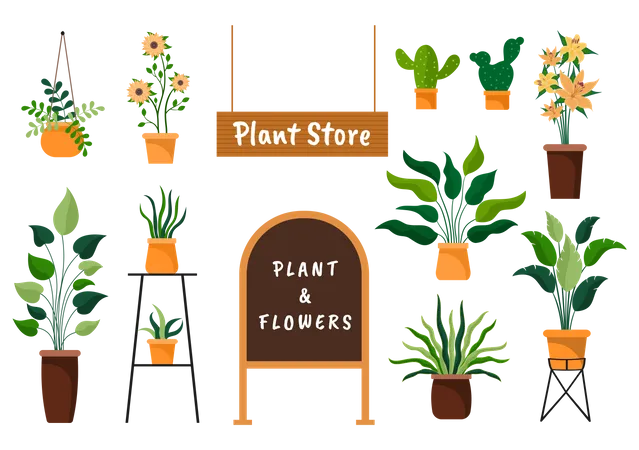 Tienda De Flores Y Plantas Con Cuidado De Floristas Productos Naturales Organicos Para Decoracion Verde Del Jardin Del Hogar En Ilustracion Vectorial De Fondo Plano Ilustración
