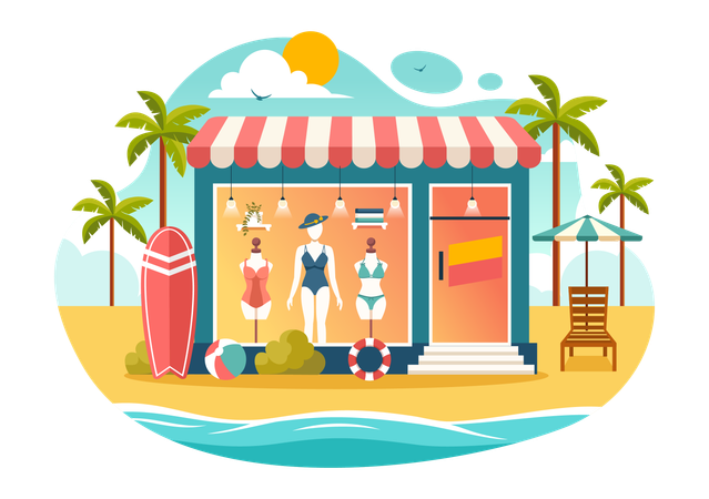 Tienda de trajes de baño en la playa  Ilustración