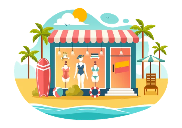 Tienda de trajes de baño en la playa  Ilustración