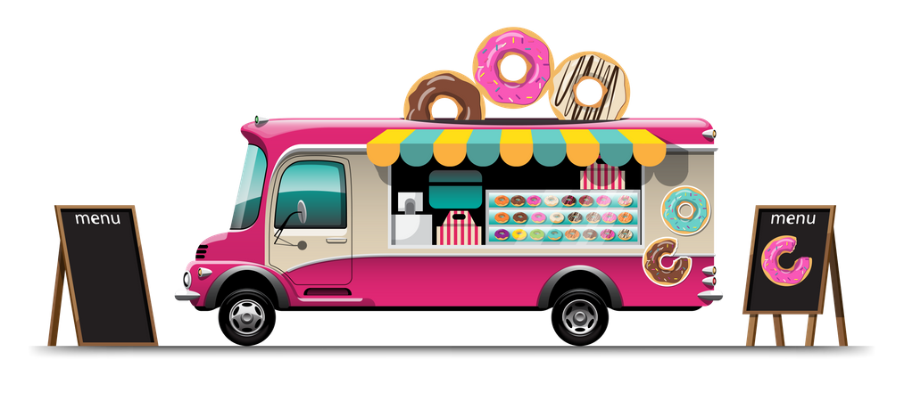 Tienda de donuts en furgoneta sobre ruedas  Ilustración