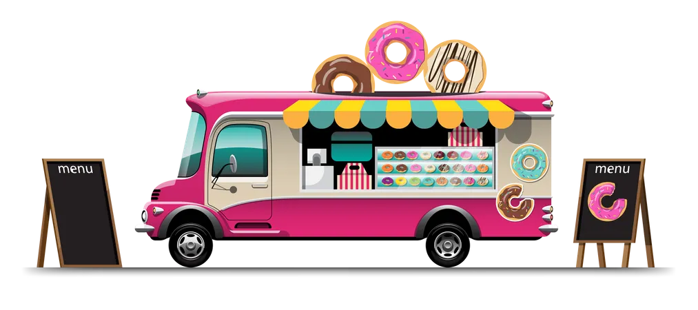 Camion De Comida Con Tienda De Bocadillos Donut Con Tablero De Menu Y Silla Ilustracion De Vector Plano De Estilo De Diseno De Dibujo Sobre Fondo Azul Ilustración