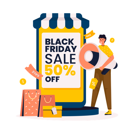 Tienda online con venta de promoción de viernes negro.  Ilustración