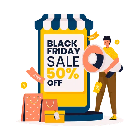 Tienda online con venta de promoción de viernes negro.  Ilustración
