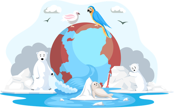 Tiere und Vögel entkommen dem Anstieg der Wassertemperatur und der globalen Erwärmung auf dem Planeten Erde  Illustration
