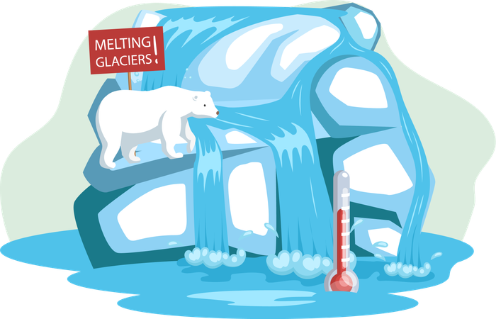 Tierischer Polarweißbär, der auf schmelzendem Eis im Meer sitzt und dessen Thermometer die Temperatur ansteigen lässt, braucht Hilfe  Illustration