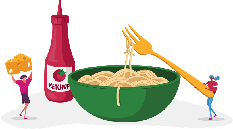 Tigela de cozinha italiana com macarrão espaguete  Ilustração