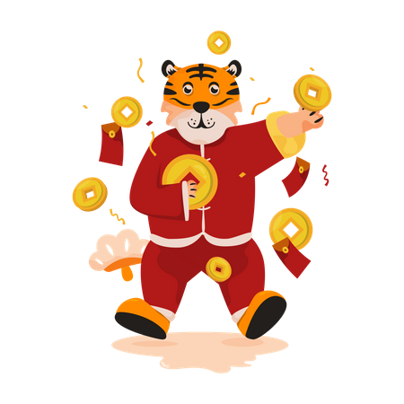 Tiger character with Chinese Coin Illustration