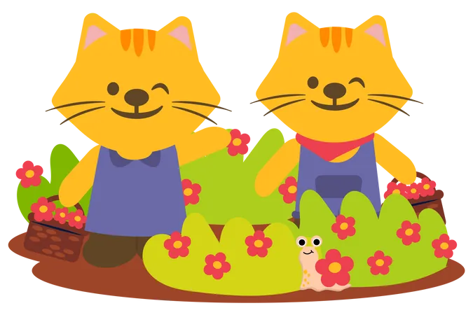Lovely Tiger Couple Happily Admire The Flowers In Garden Animal Cartoon Character Vector Illustration Illustration