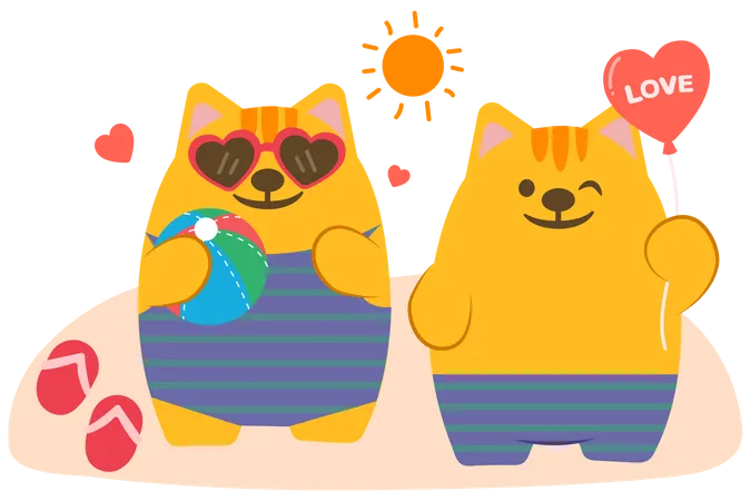 Tiger couple have vacation on the beach  Illustration
