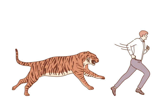 Business Mental Stress Danger Panic Concept Young Scared Terrified Businessman Clerk Manager Character Running From Dangerous Animal Mammal Predator Tiger Escaping From Trouble Illustration Illustration