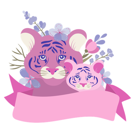 Tiger mother and baby with ribbon  Illustration