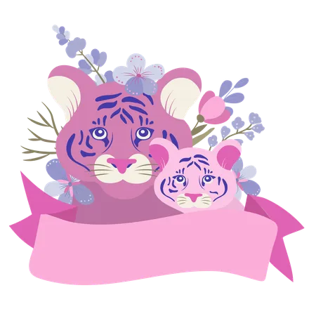 Tiger mother and baby with ribbon  Illustration