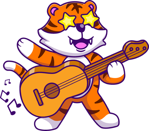 Tiger Playing Accoustic Guitar  Illustration