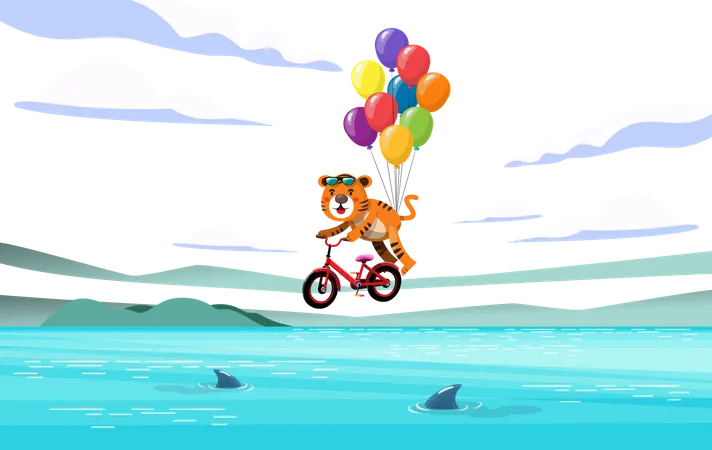 A Young Tiger Rides A Bicycle And Carries A Bunch Of Balloons On A Path Among The Mountains Flat Vector Design Illustration Illustration