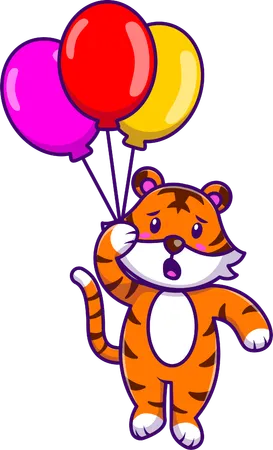 Tiger schwebt mit Ballon  Illustration